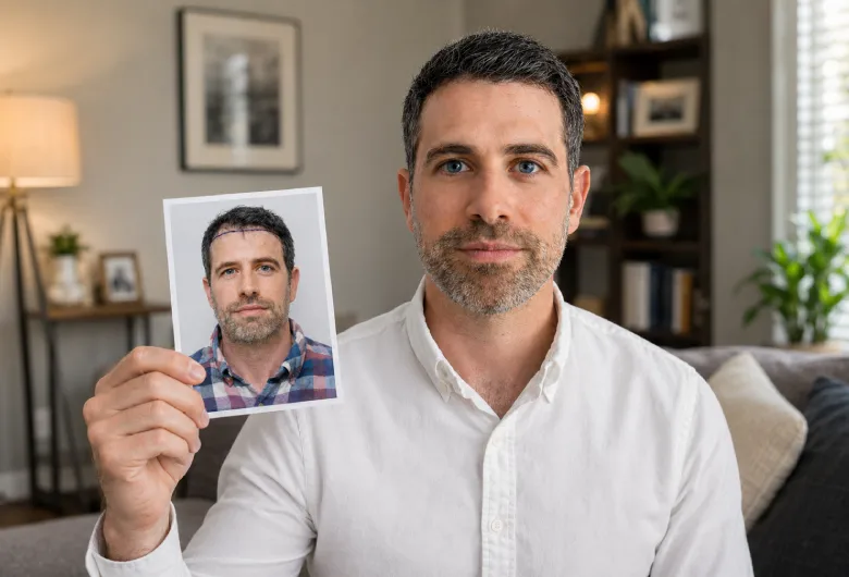 Physician evaluating a male patient’s hair-transplant donor area during a consultation.